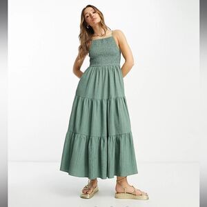 NWT ASOS DESIGN SIZE 8 L square neck shirred maxi sundress khaki green smocked